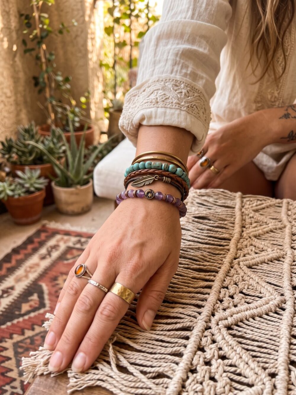 Amethyst Celestial Stretch Bracelet | Moon & Star Metallic Accent Beads
